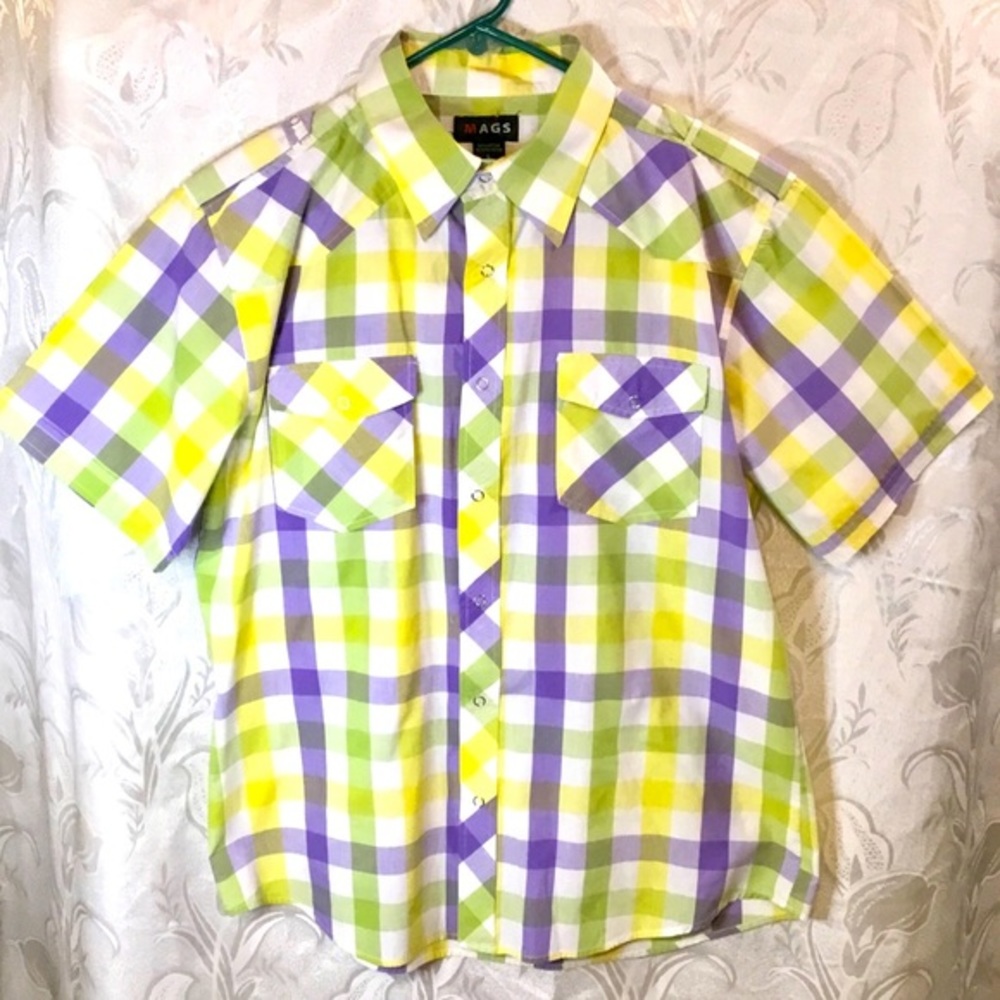 MAGS Lavender Yellow Short Sleeve Button Up Shirt